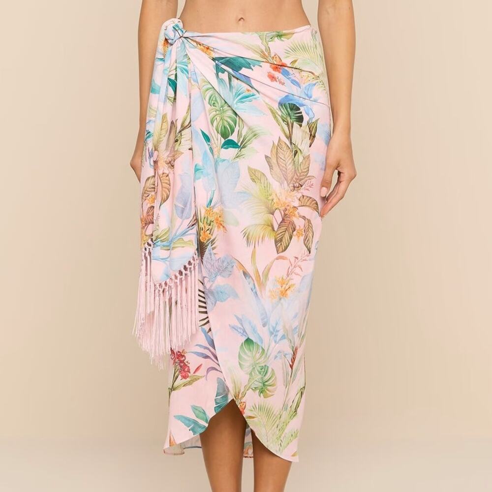 L'Agence Marena Sarong Pink Multi Colorful Palm Pareo Swim Cover One Size NWT